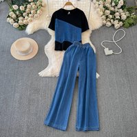 Women's Clothing Patchwork Contrast Color Short Sleeved Top + High Waist Wide Leg Jeans Two Piece Suit