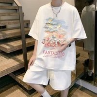 Waffle Short Sleeved T Shirt Suit Retro Oil Painting Set Half Sleeved Clothes Casual Two Piece Suit