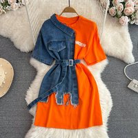 Clothing Waist Waisted Round Neck Block Denim Shirt Spring Style Chic Casual Mid Length