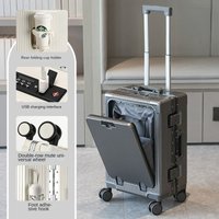 Trolley suitcase with front opening, large capacity, silent caster wheels, strong and durable aluminum frame