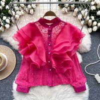 Clothing Niche Light Luxury Three Dimensional Ruffle Stitching Round Neck Pearl Single Breasted Versatile Lace Crop Top