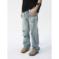 Clothing High Street Washed Old Retro Whitened Ripped Denim Straight Trousers Flared Denim Trousers