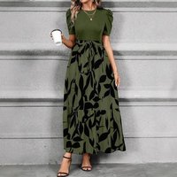 Floral Print High Waist Elegant Dress For Women - A-Line Flowy Midi Dress With Ruffles & Short Sleeves