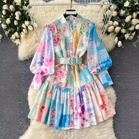 clothing niche light luxury stand up collar lantern long sleeve waist single breasted ruffled short skirt