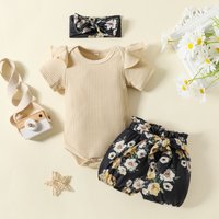 Baby Girl Summer Outfit Set - Ribbed Sleeveless Romper + Floral Shorts + Hair Tie (3-Piece Set) - Soft Cotton Toddler Clothes