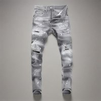 Men's Clothing Street Fashion Jeans Men's Light Gray Washed Hole Patch Paint Trendy Brand Elastic Tight Skinny Pants Men