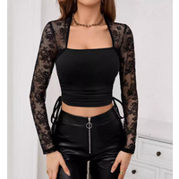 Women's Clothing autumn and winter new elegant women's square neck lace splicing knitted slim side drawstring top