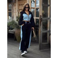  Casual Block Hooded Sweater & Wide Leg Pants Set Long Sleeve Streetwear Outfit Fall