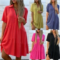 Women's Skirt Loose Solid Color Lapel Casual Short-sleeved Cotton And Linen Dress