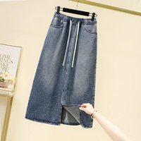 Women's clothing new large size drawstring elastic waist split denim skirt women spring and summer high waist slim a-line mid-length skirt