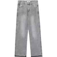 Men's Clothing American Style Washed Light Grey Distressed Solid Color Jeans For Men And Women With Raw Hem Basic Straight Trousers