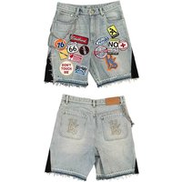 American Patchwork Denim Shorts Y2K Jeans Men Hip Hop Cartoon Pattern Embroidery Retro Blue Loose Denim Fitness Casual Shorts