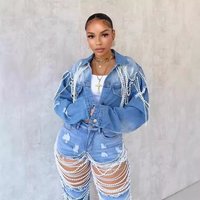 Clothing Denim Jacket Fashion Pearl Chain Handmade Beaded Denim Jacket