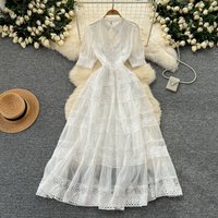 Clothing retro palace style dress slim waist elegant puff sleeves lace stitching long swing dress