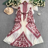 Women's Clothing Retro Temperament Printed Stand Collar Lantern Sleeve Dress Summer New Waist Slim Pleated Long Skirt