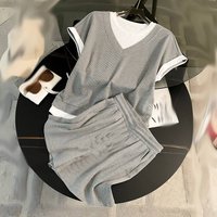 Clothing Fashionable Stylish Splicing Short Sleeved Suit Loose Slim Two Piece T Shirt Casual Shorts Two Piece Suit