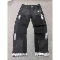 Men's Y2K Distressed Denim Jeans - Star Print Paint Splatter & Foil Design, Straight Leg Retro Streetwear