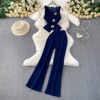 Stylish Denim Vest & Wide-Leg Pants Set – Metal Button Sleeveless Top With High-Waisted Trousers