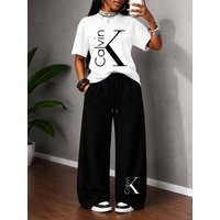 2026 Casual Oversized T Shirt Wide Leg Trousers Set Drawstring Mid Waist Loose Fit Fashion Summer