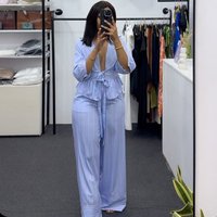 Sweet V Neck Striped Tie Front Blouse & Wide Leg Pants Set – Summer Casual Outfit Breathable Polyester Fabric