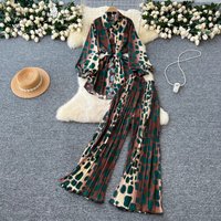 Elegant Tie Waist Blouse & High Waisted Pleated Wide Leg Pants Set – European Minimalist Print Lantern Sleeves One Adjustable