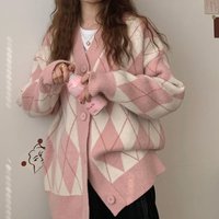 Oversized Knit Cardigan Sweater V Neck Long Sleeve Casual Loose Fit Diamond Pattern Block Open Front Coat