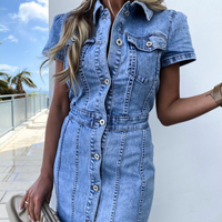 Women's Clothing Single Breasted Fashionable Slim Hip Wrapped Short Sleeved Denim Dress