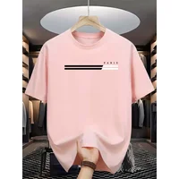 100% Algodão Masculino Verão Tamanho Solto Paris Carta Gráfico Impresso Fino Ajuste Casual Esportes Em Torno Do Pescoço Manga Cu