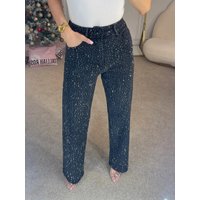 Women's Hot Selling Rhinestone High-Waisted Washed Jeans, Loose Fit, Slim Fit, Versatile Straight Leg Pants
