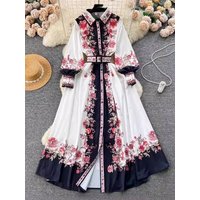 Clothing matching print slim long puff sleeve temperament dress spring dress