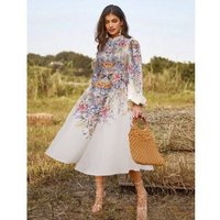 Women's Clothing A Large Number Of Design Early Autumn New Single Breasted Exquisite Buttons With Belt Printed Pastoral Dress