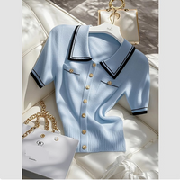 Women's Clothing Light Blue Short Sleeved T Shirt Nice Looking Beautiful Contrast Color Knitted Top