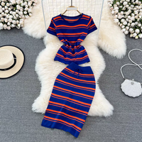 Clothing Knitted striped suit skirt fashion casual round neck slim fit top two piece suit high waist hip skirt summer