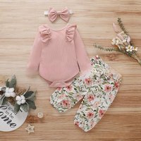 Kids‘ Clothing Round Neck Ruffle Tights And Bow Floral Pants