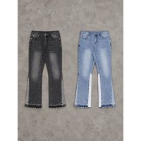 Clothing Vintage Washed Denim Jeans US Flag Embroidered Straight Leg Retro Patriotic Pants