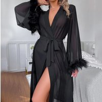 Women's Intimates New Silk Feather Long Long Sleeved Pajamas Robe Comfortable Straps Ladies Home Clothes