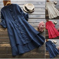 Clothing Spring Summer Solid Button Cotton Linen Long Sleeve Long Shirt