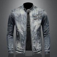 Men's New Denim Casual Stand Up Collar Zipper Jacket, Riding Motorcycle