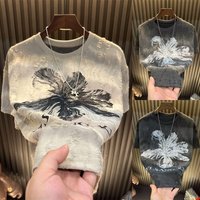 Men's Round Neck Short Sleeve T-Shirt Chinese Ink Landscape Painting Style Loose Fit Summer Casual Base Layer Ancient Print