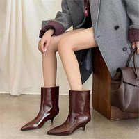 Kitten Heel Pointed Toe Boots Wine Red Wide Calf Riding Boots Soft Synthetic Leather Fall Winter Elegant Tall & Ankle Boots