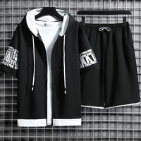 Summer Hooded Zip Up Tracksuit Set Lightweight Casual Sportswear Two Piece Outfit Short Sleeve Top & Shorts