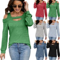 Women's Shoulder Hollow Round Neck Solid Long Sleeve Loose Top T-shirt