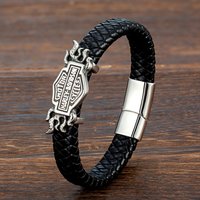 Stackable Cross Border Hot Selling Harley Rider Shield Woven Genuine Leather Fashion Trendy Personality Stainless Steel