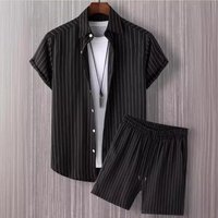 Clothing Short Sleeved Drawstring Button Front Stripe Casual Two Piece Suit