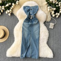 Women's Clothing Sleeveless Tube Top Dress For Women Summer New Pure Desire Hot Girl Waist Hip Slit Denim Long Skirt