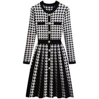 Women's Clothing knitted dress autumn and winter new houndstooth contrast color round neck long sleeve a line skirt