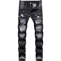 Jeans Street Style Flower Stitched Ripped Straight Tube Denim