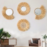 Nordic Handwoven Raffia Wall Mirror Boho Rattan Round Decorative Mirror Living Room & Bedroom