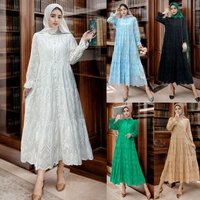 M232 # Muslim Women’s Wear Wooden Ear Edge Standing Neck Hollow Lace Large Swing Dress