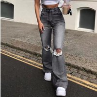 Women's Clothing Hole High Waist Straight Wide Leg Mopping Denim Trousers Women